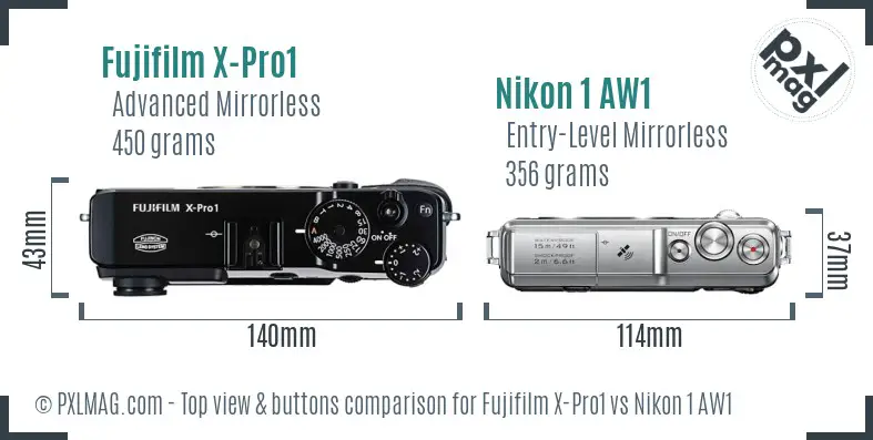 Fujifilm X-Pro1 vs Nikon 1 AW1 top view buttons comparison