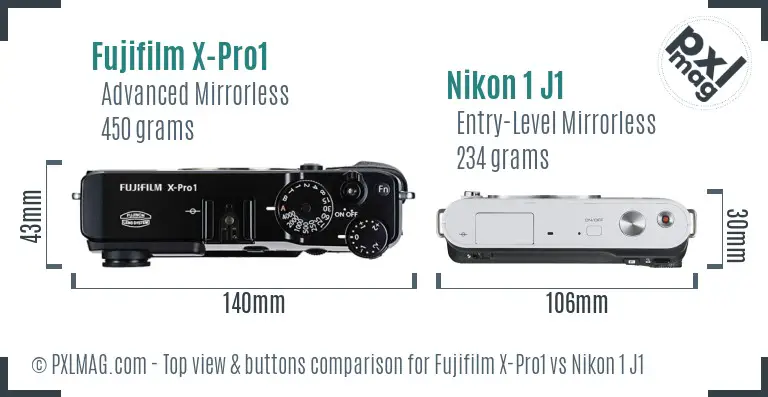 Fujifilm X-Pro1 vs Nikon 1 J1 top view buttons comparison