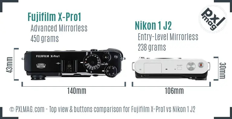 Fujifilm X-Pro1 vs Nikon 1 J2 top view buttons comparison