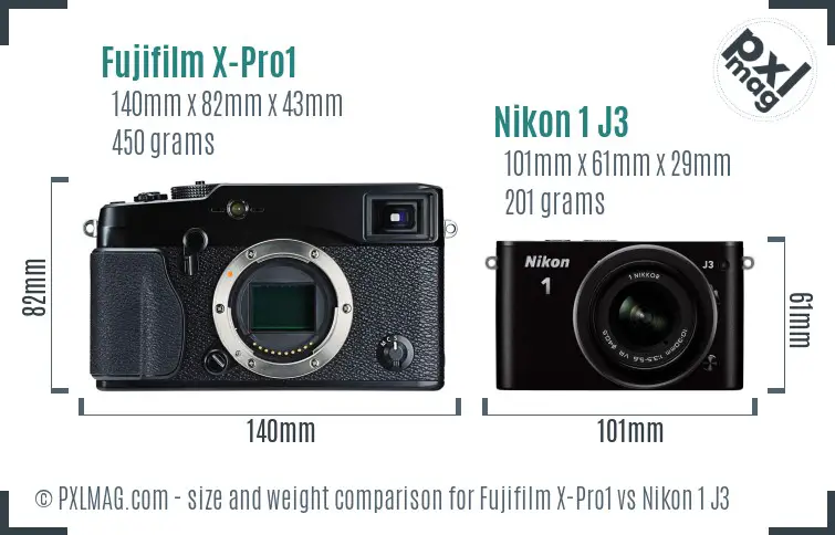 Fujifilm X-Pro1 vs Nikon 1 J3 size comparison