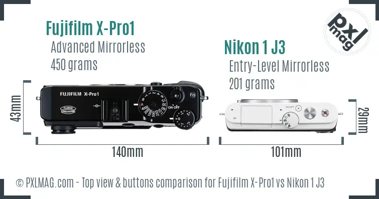 Fujifilm X-Pro1 vs Nikon 1 J3 top view buttons comparison