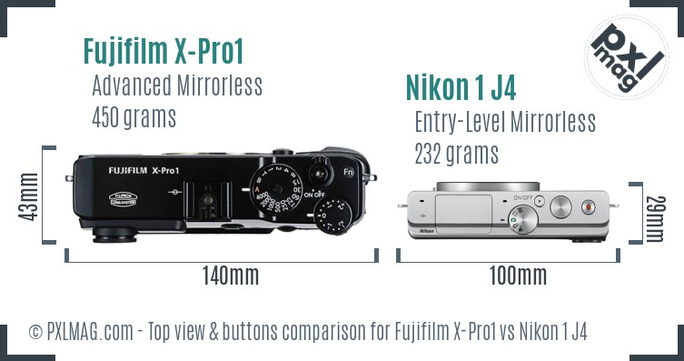 Fujifilm X-Pro1 vs Nikon 1 J4 top view buttons comparison