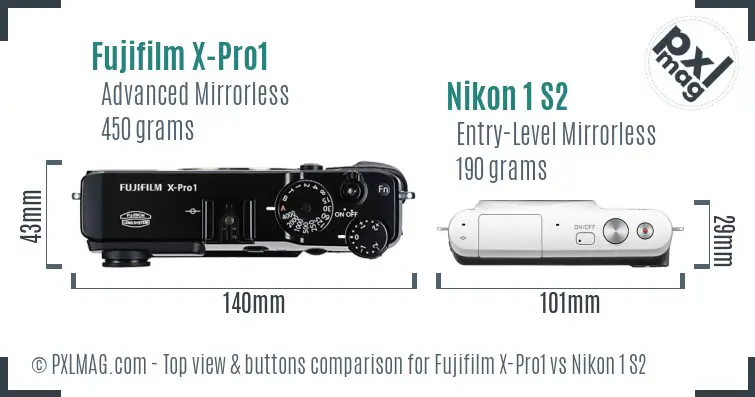 Fujifilm X-Pro1 vs Nikon 1 S2 top view buttons comparison