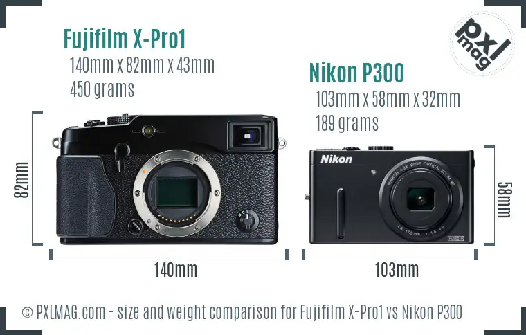 Fujifilm X-Pro1 vs Nikon P300 size comparison