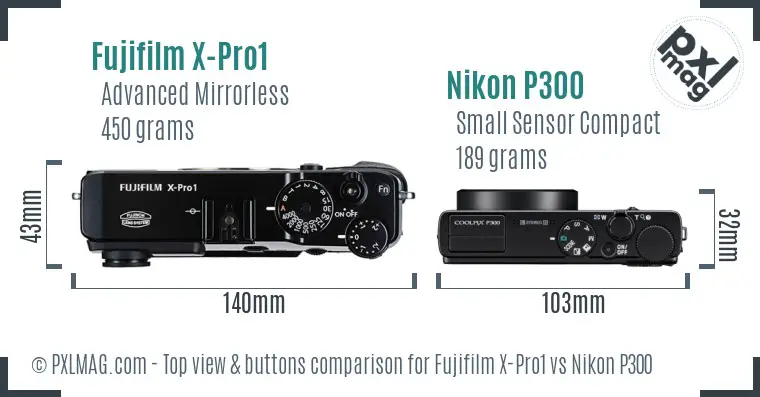 Fujifilm X-Pro1 vs Nikon P300 top view buttons comparison