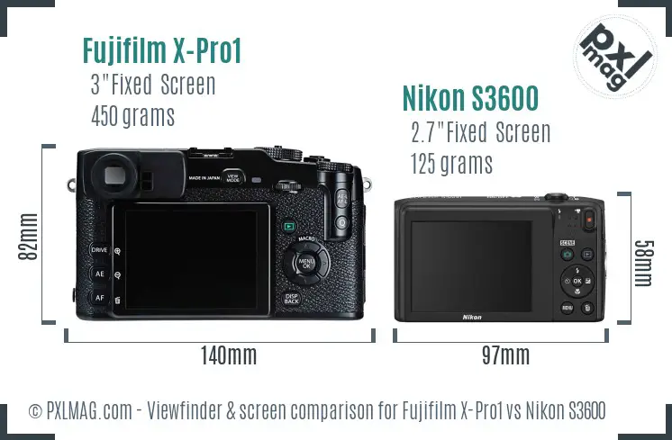 Fujifilm X-Pro1 vs Nikon S3600 Screen and Viewfinder comparison