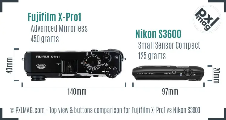Fujifilm X-Pro1 vs Nikon S3600 top view buttons comparison