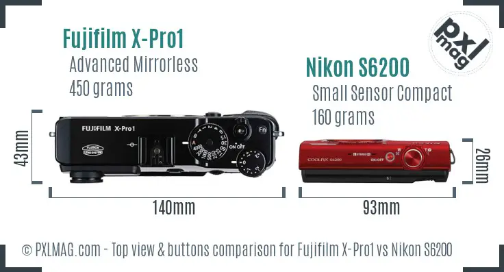 Fujifilm X-Pro1 vs Nikon S6200 top view buttons comparison