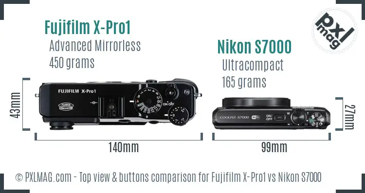 Fujifilm X-Pro1 vs Nikon S7000 top view buttons comparison