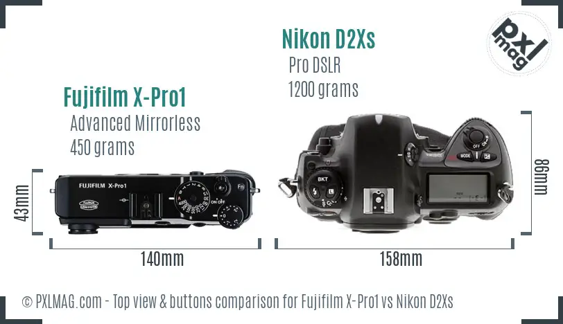 Fujifilm X-Pro1 vs Nikon D2Xs top view buttons comparison