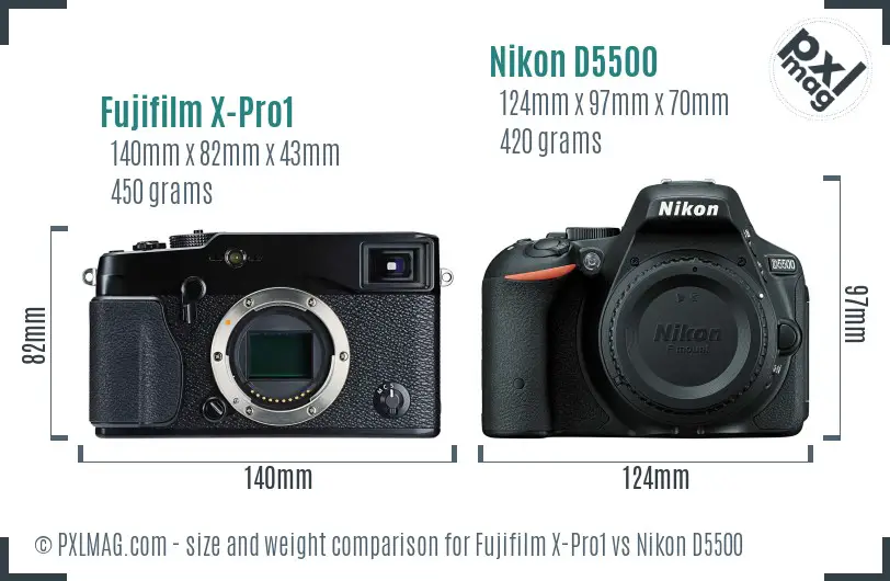 Fujifilm X-Pro1 vs Nikon D5500 size comparison