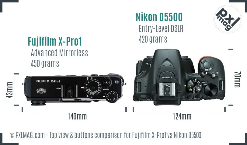 Fujifilm X-Pro1 vs Nikon D5500 top view buttons comparison