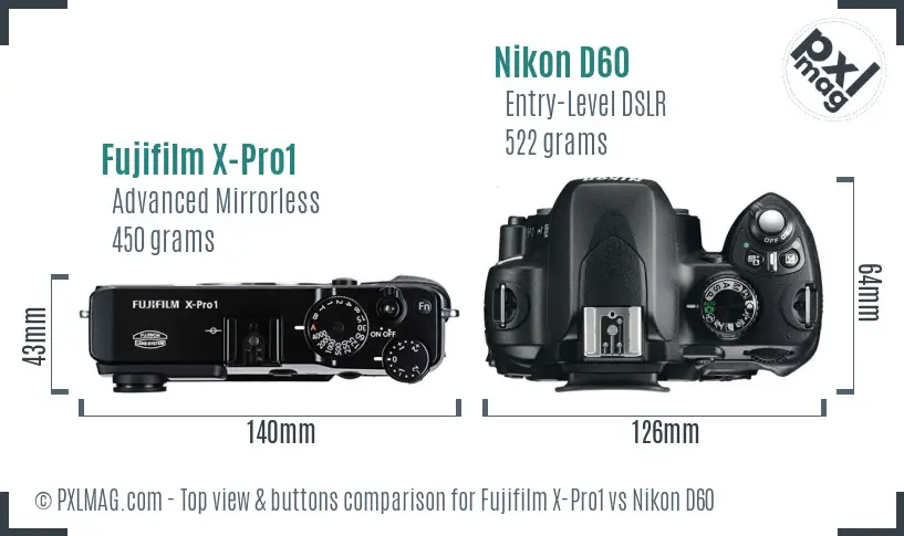 Fujifilm X-Pro1 vs Nikon D60 top view buttons comparison