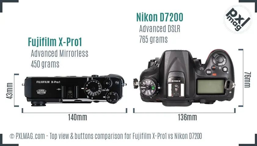 Fujifilm X-Pro1 vs Nikon D7200 top view buttons comparison
