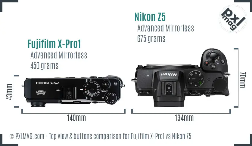 Fujifilm X-Pro1 vs Nikon Z5 top view buttons comparison