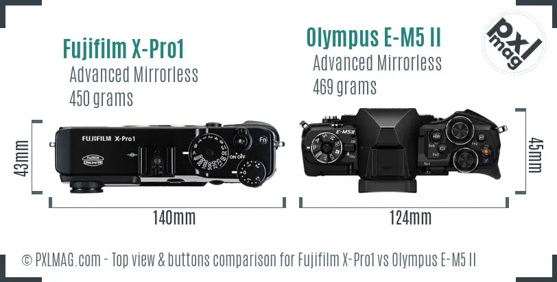 Fujifilm X-Pro1 vs Olympus E-M5 II top view buttons comparison