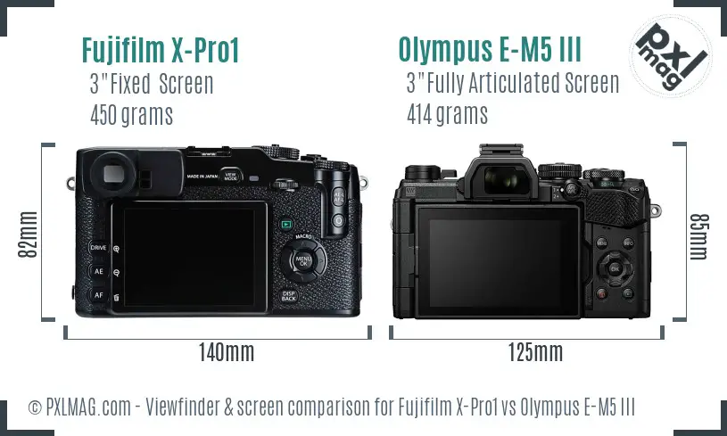 Fujifilm X-Pro1 vs Olympus E-M5 III Screen and Viewfinder comparison