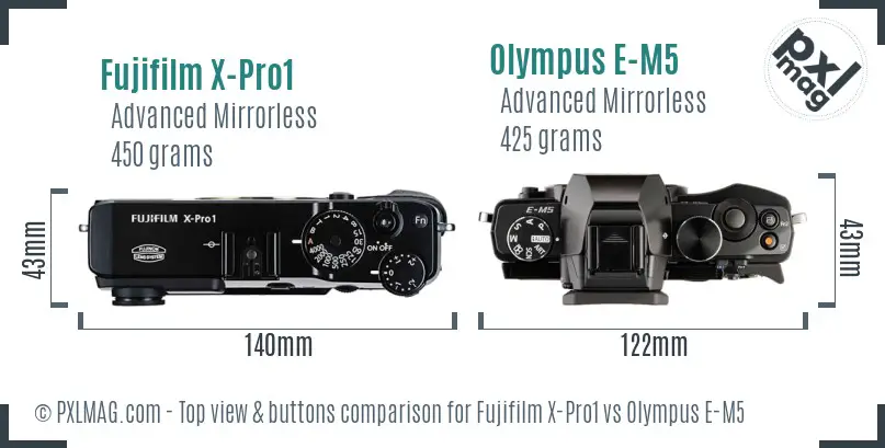 Fujifilm X-Pro1 vs Olympus E-M5 top view buttons comparison