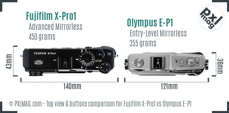 Fujifilm X-Pro1 vs Olympus E-P1 top view buttons comparison Fujifilm X-Pro1 vs Olympus E-P1 top view buttons comparison