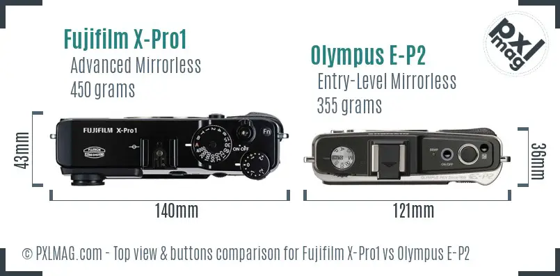Fujifilm X-Pro1 vs Olympus E-P2 top view buttons comparison