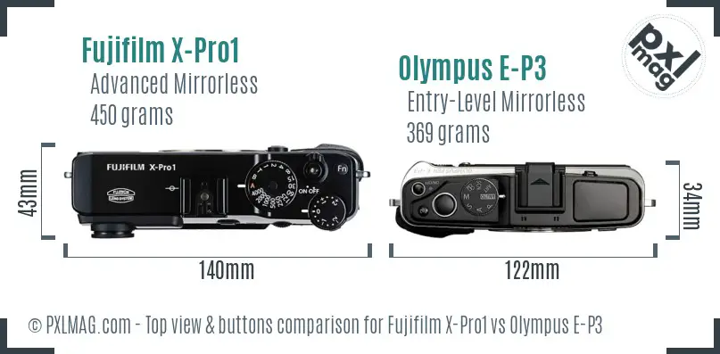 Fujifilm X-Pro1 vs Olympus E-P3 top view buttons comparison