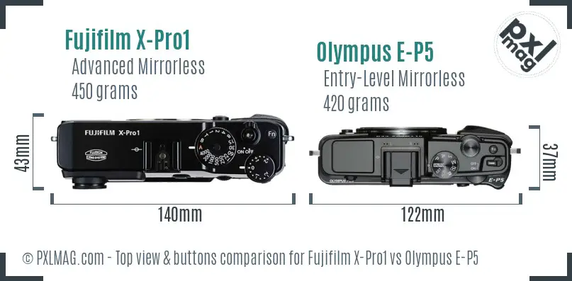 Fujifilm X-Pro1 vs Olympus E-P5 top view buttons comparison