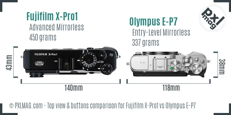 Fujifilm X-Pro1 vs Olympus E-P7 top view buttons comparison
