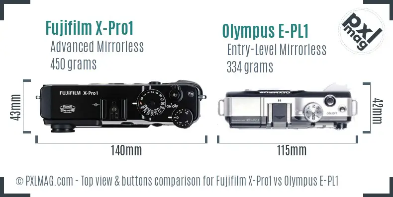 Fujifilm X-Pro1 vs Olympus E-PL1 top view buttons comparison
