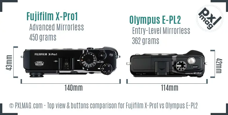 Fujifilm X-Pro1 vs Olympus E-PL2 top view buttons comparison