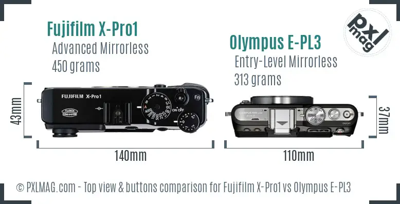 Fujifilm X-Pro1 vs Olympus E-PL3 top view buttons comparison