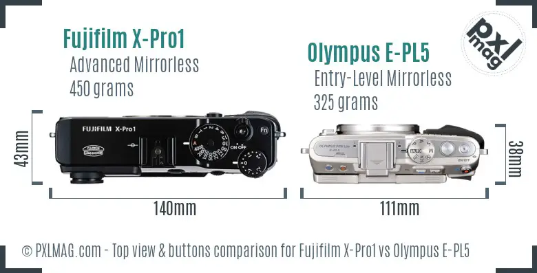 Fujifilm X-Pro1 vs Olympus E-PL5 top view buttons comparison