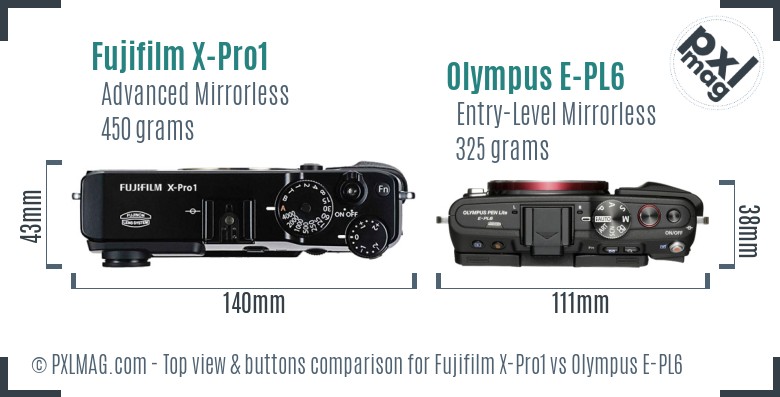 Fujifilm X-Pro1 vs Olympus E-PL6 top view buttons comparison