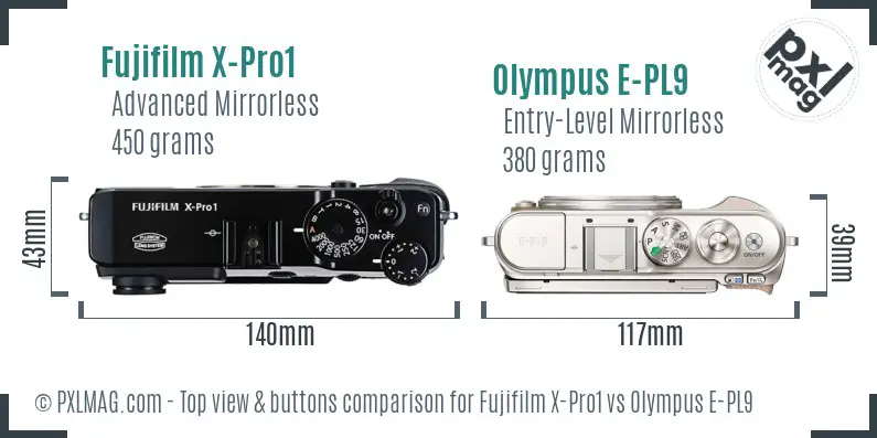 Fujifilm X-Pro1 vs Olympus E-PL9 top view buttons comparison