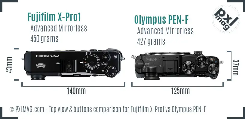 Fujifilm X-Pro1 vs Olympus PEN-F top view buttons comparison