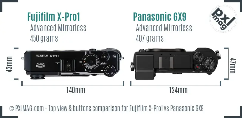 Fujifilm X-Pro1 vs Panasonic GX9 top view buttons comparison
