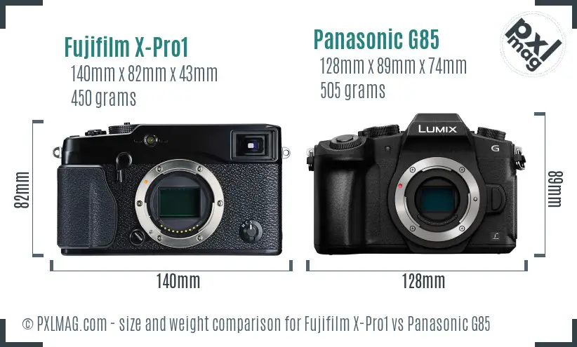 Fujifilm X-Pro1 vs Panasonic G85 size comparison