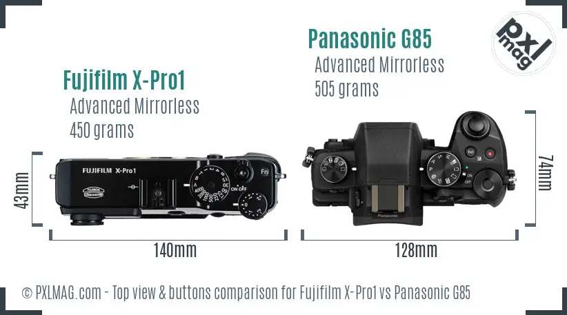 Fujifilm X-Pro1 vs Panasonic G85 top view buttons comparison