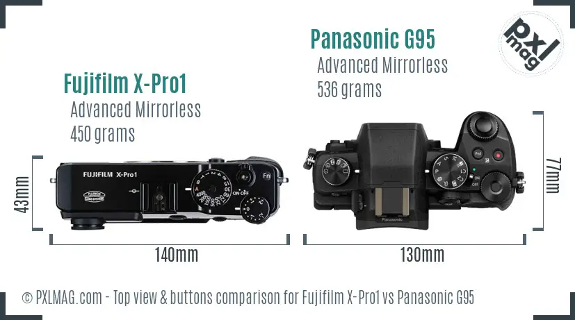 Fujifilm X-Pro1 vs Panasonic G95 top view buttons comparison
