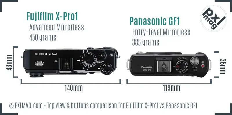 Fujifilm X-Pro1 vs Panasonic GF1 top view buttons comparison