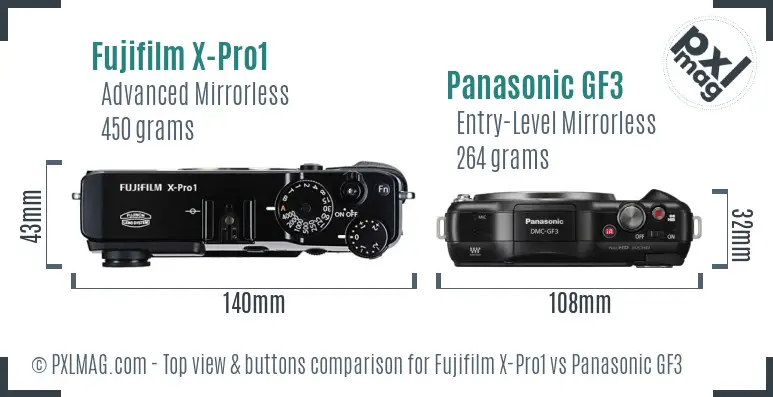Fujifilm X-Pro1 vs Panasonic GF3 top view buttons comparison