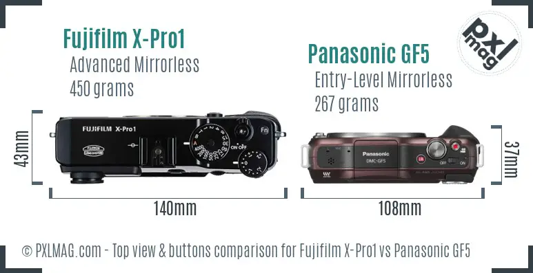 Fujifilm X-Pro1 vs Panasonic GF5 top view buttons comparison