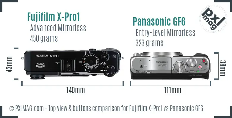 Fujifilm X-Pro1 vs Panasonic GF6 top view buttons comparison