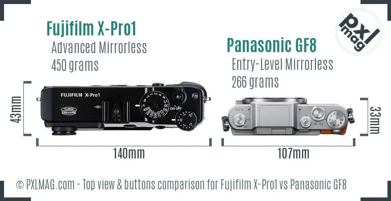 Fujifilm X-Pro1 vs Panasonic GF8 top view buttons comparison