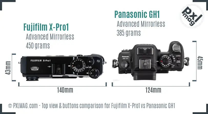 Fujifilm X-Pro1 vs Panasonic GH1 top view buttons comparison