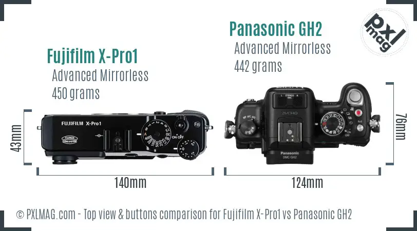 Fujifilm X-Pro1 vs Panasonic GH2 top view buttons comparison