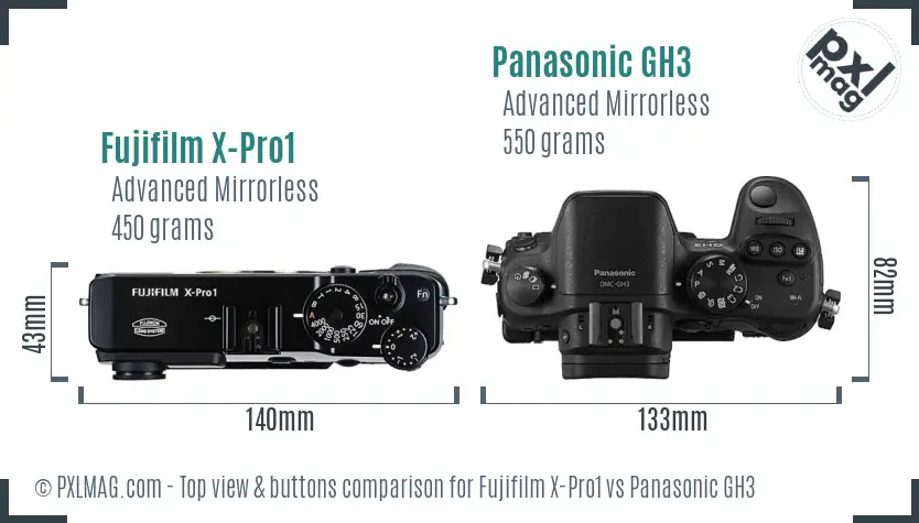 Fujifilm X-Pro1 vs Panasonic GH3 top view buttons comparison