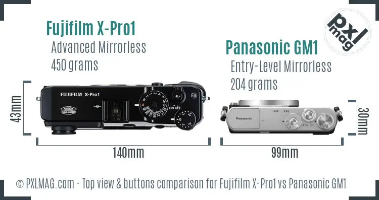 Fujifilm X-Pro1 vs Panasonic GM1 top view buttons comparison