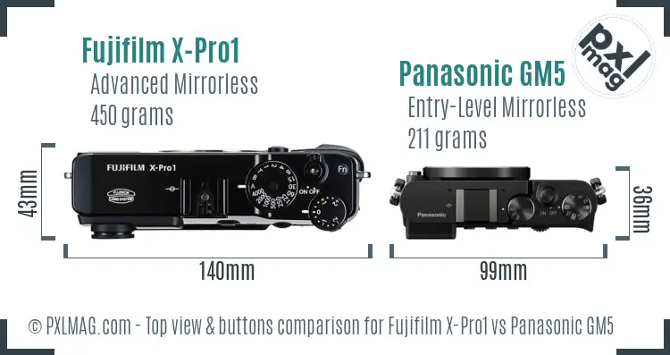Fujifilm X-Pro1 vs Panasonic GM5 top view buttons comparison