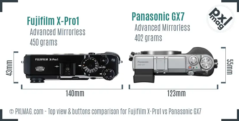 Fujifilm X-Pro1 vs Panasonic GX7 top view buttons comparison