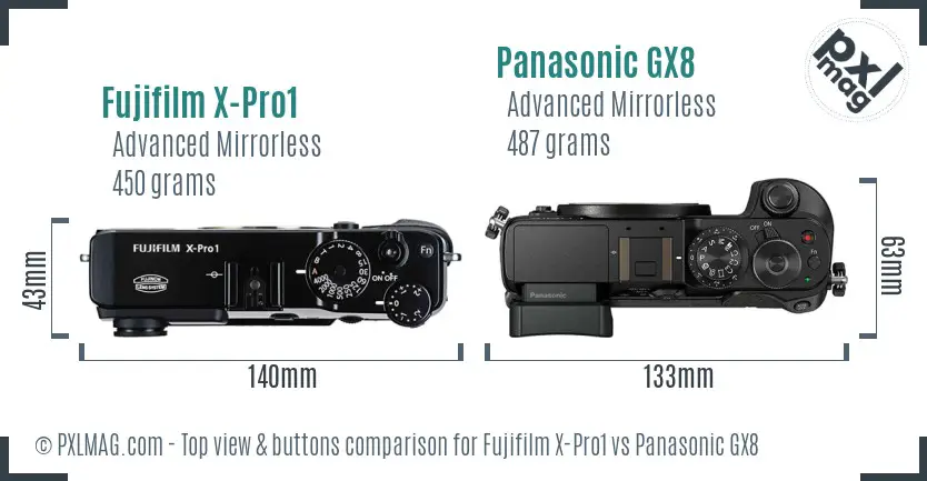 Fujifilm X-Pro1 vs Panasonic GX8 top view buttons comparison